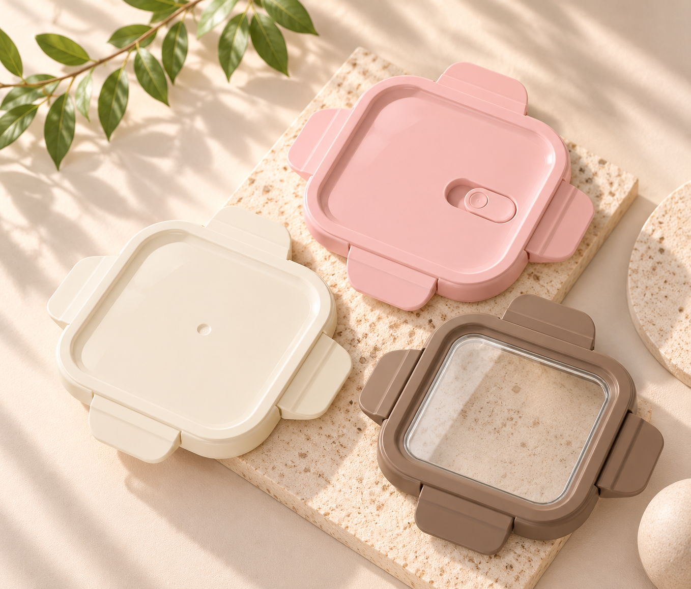 WANT lids in three colours arranged on warm stone plinths