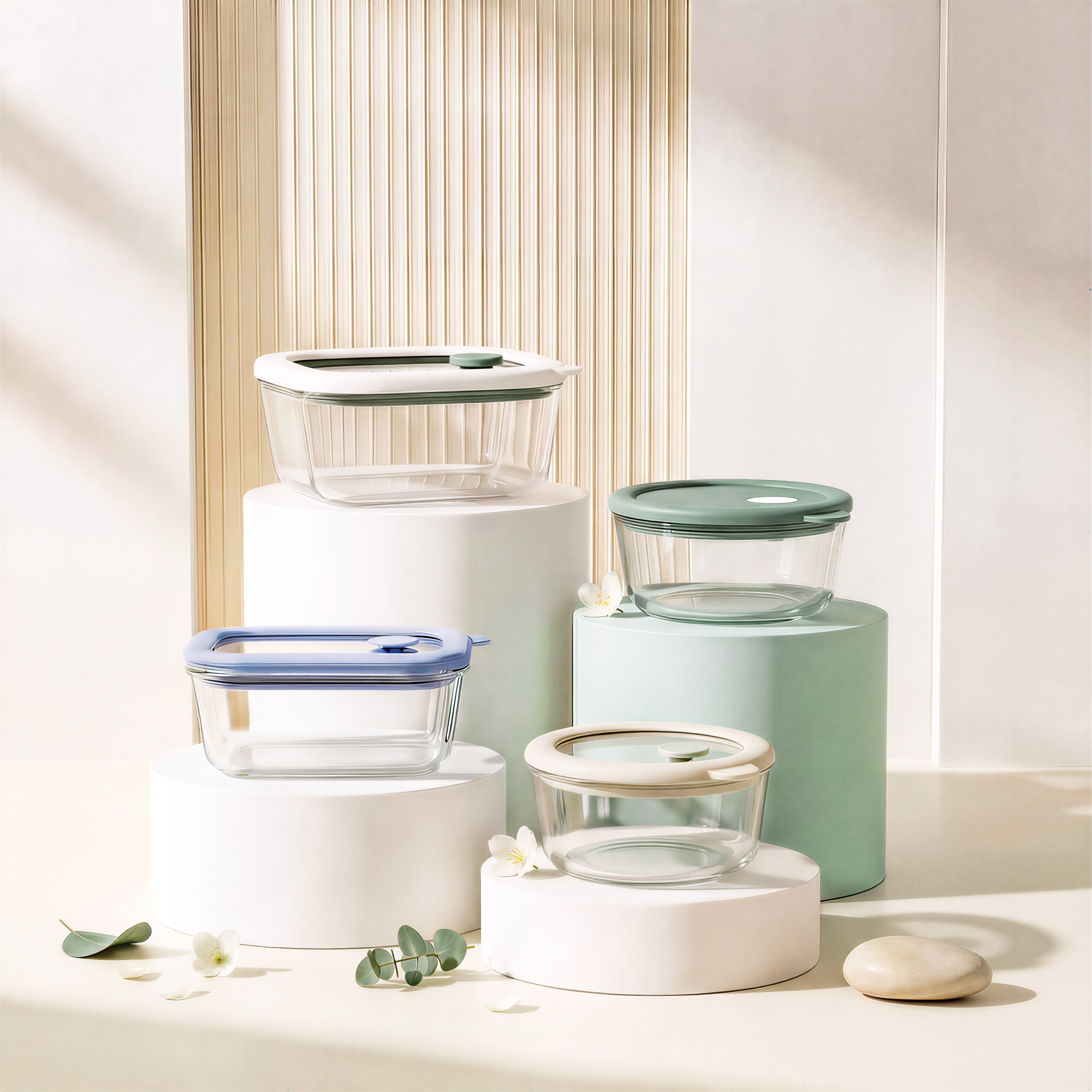 A styled collection of WANT glass food containers in several lid colours